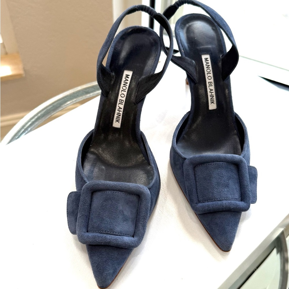 Manolo Blahnik Dark Blue Suede Slingback Heels - Picture 3 of 11
